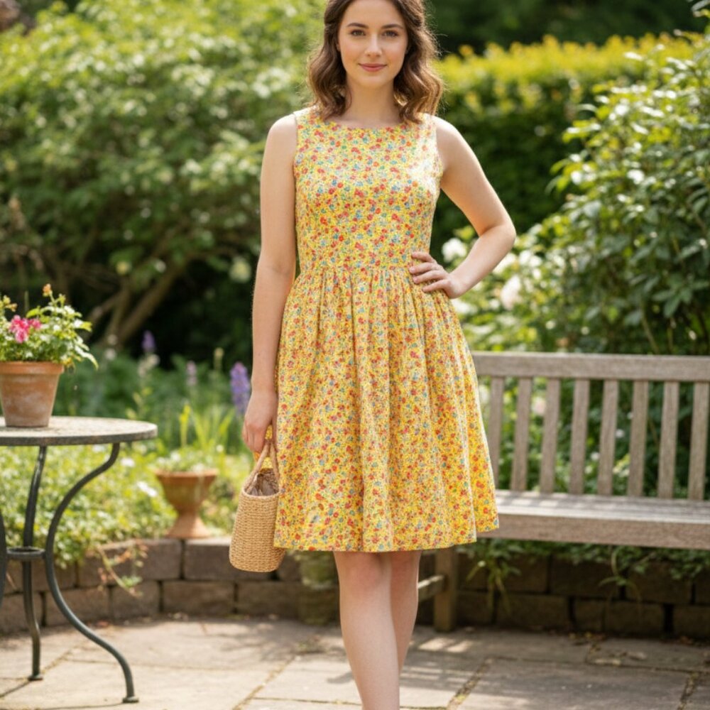 Polo Ralph Lauren Designer Yellow Floral Cotton Poplin Dress Sz 16